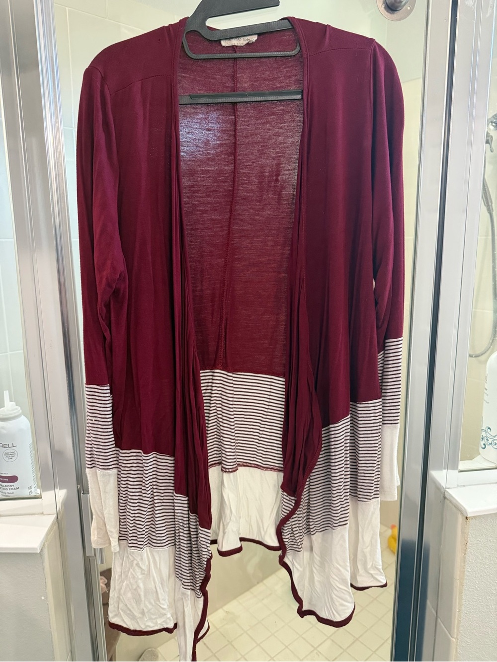 Flamingo Urban Burgundy and White Striped Draped Open-Front Cardigan